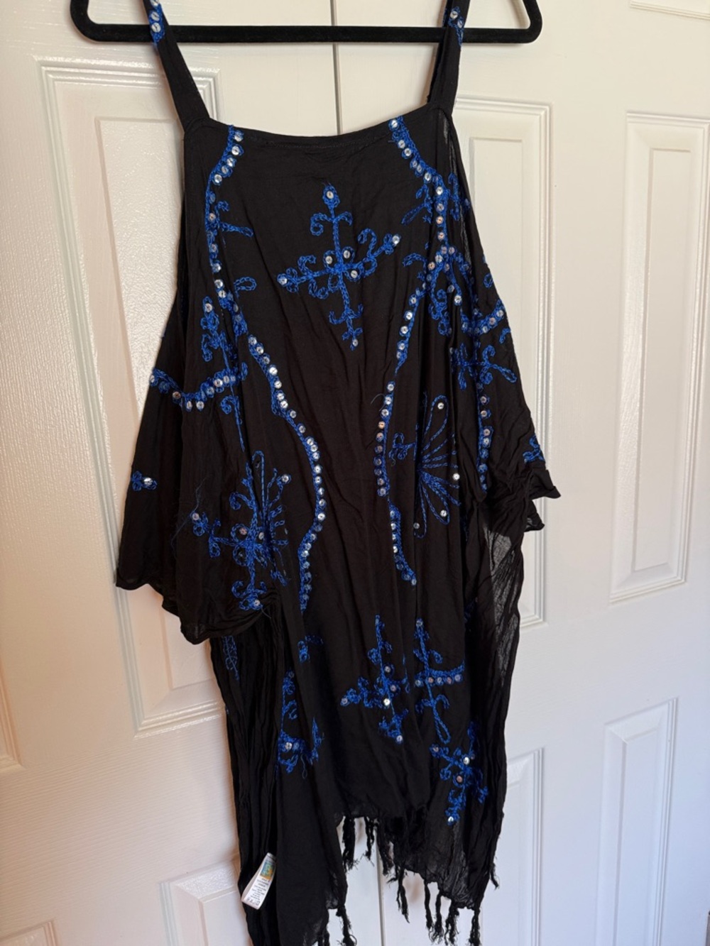 Swimsuit coverup- Black Cold-Shoulder Embroidered Fringe Dress with Blue Sequins - Picture 3 of 3
